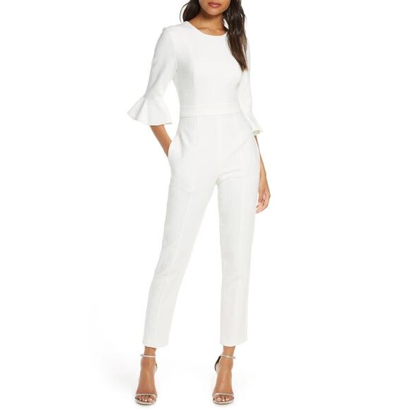 Black Halo NWOT Brooklyn Elbow Length Ruffle Sleeve Jumpsuit White Size 2